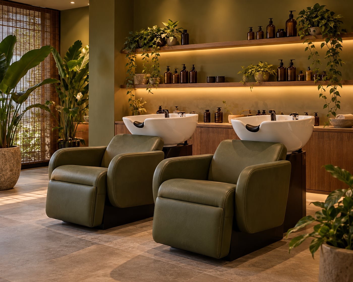 Sala de terapia capilar com lavatórios em concha, poltronas verde-oliva e prateleiras de madeira