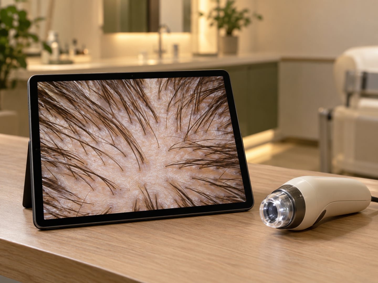 Tablet mostrando imagem ampliada do couro cabeludo vista pela microcâmera